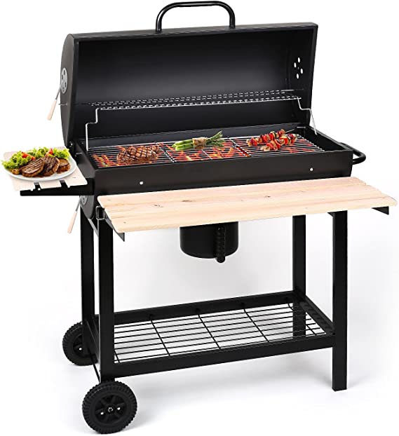 OneConcept Beefbutler - Garden Grill, Grill and Smoker, Direct and indirect grating, Hood Smoker, 2 Shelves, 3 Grill Grates, Trolley wheels, 4 Openings for Ventilation, Black