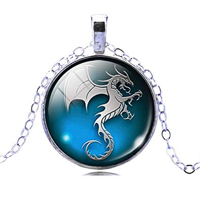 JIAYIQI Women Men Magic Large Dragon Star Crescent Time Gem Dangle Pendant Silvery Chain Necklace