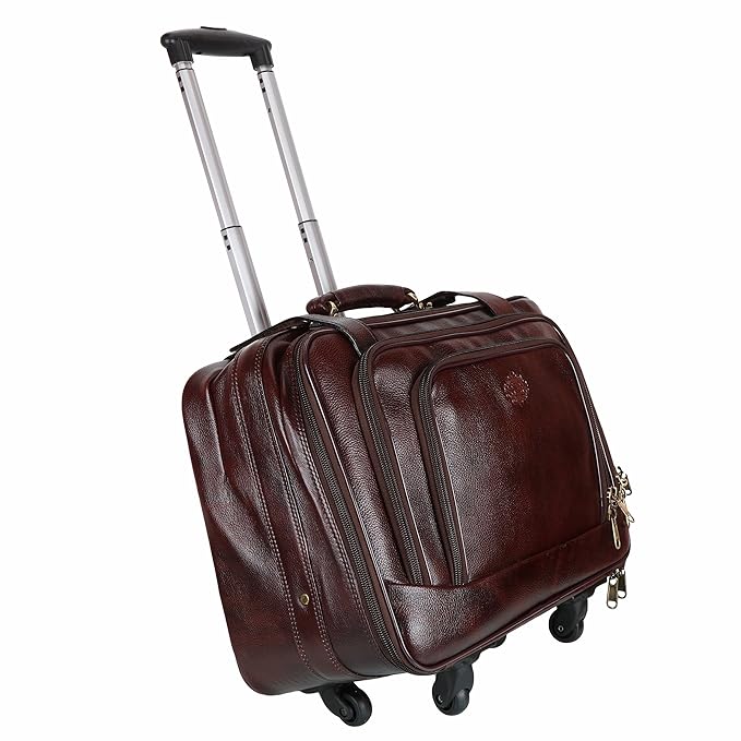 Primo Chocolate Leather 4 Wheel Trolley/Suitcase/Travel/Weekender/Overnight Bag