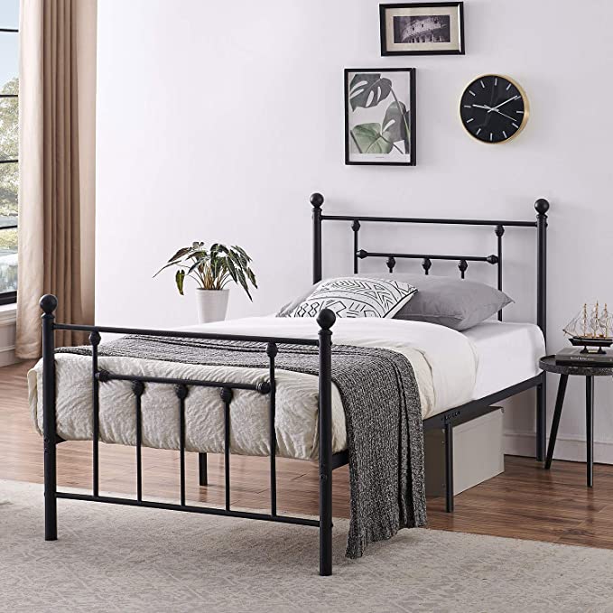 VECELO Twin Size Bed Frame Metal Platform Mattress Foundation with Headboard & Footboard/Easy Assemble, Black