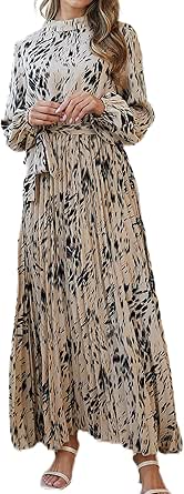 R.Vivimos Fall Dresses for Women Long Sleeve Pleated Casual Mock Neck Elegant Print Maxi Dress with Belt