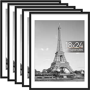 upsimples 18x24 Picture Frame Set of 5, Display Pictures 16x20 with Mat or 18x24 Without Mat, Wall Gallery Photo Frames, Black