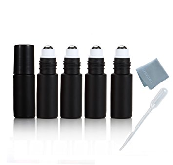 Elfenstall- Refillable Thick Black 5ml(1/6oz) Roll on Glass Bottle for Essential Oil Empty Aromatherapy Fragrance Perfume Bottle - with Stainless Steel Roller Ball 3ml free Pipette dropper (5)