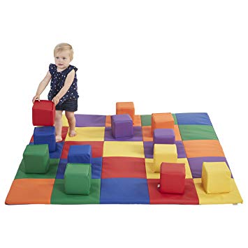 ECR4Kids Softzone Patchwork Toddler Mat with 12 Soft Blocks, Primary