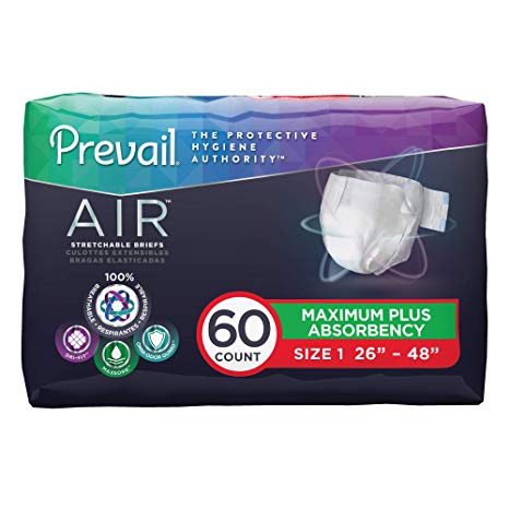 Prevail Air Maximum Plus Absorbency Stretchable Incontinence Briefs/Adult Diapers, Size 1, 60 Count
