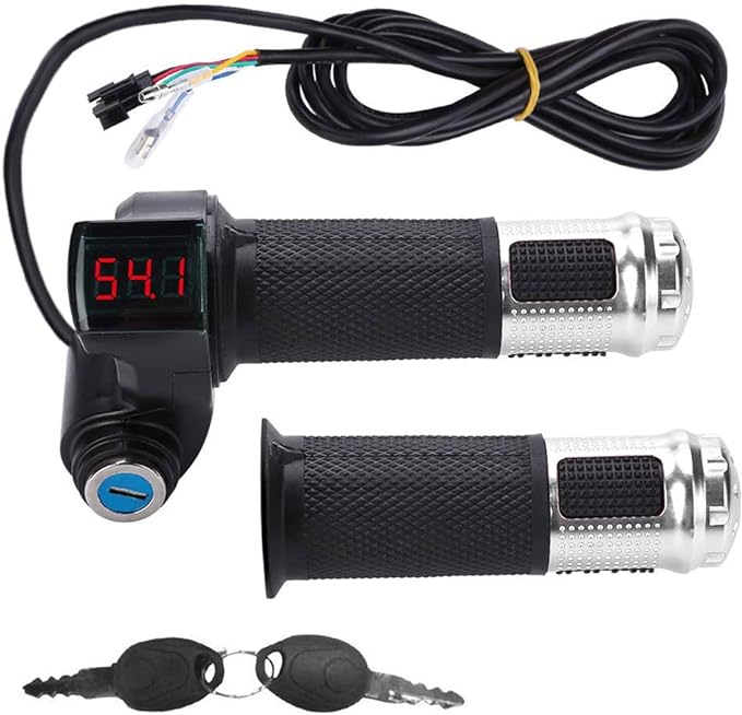 Electric Bike Throttle Grip, Universal Electric Bicycle Scooter Twist Throttle Grips with LED Display and Power Key Locker Accelerator