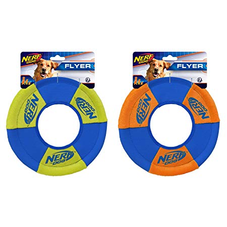 Nerf Dog (2-Pack) UltraPlush Trackshot Toss and Tug Ring Dog Toy, Orange/Blue & Green/Blue, Medium