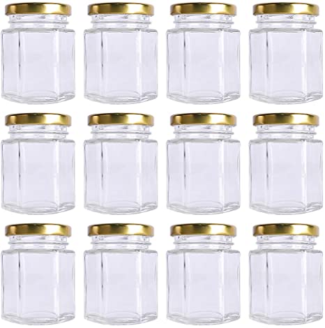 12 Pack 6 oz 180 ml Hexagon Mini Glass Canning Jars,Jam Jars for Honey,Candies,Baby Foods,DIY Spice Jars（Comes with Gold lids）