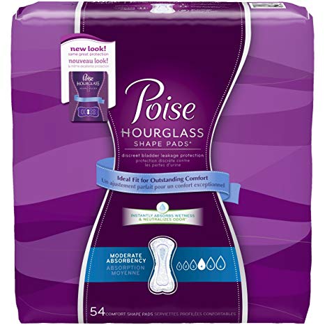 Poise Hourglass Shape, Moderate Absorbency Incontinence Pads, Regular Length, 54ct