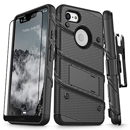 Zizo Bolt Series Compatible with Google Pixel 3 XL Case Military Grade Drop Tested with Full Glass Screen Protector Holster and Kickstand Black Black