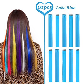 MSHAIR Straight Colored Party Highlight Clip in Hair Extensions Multiple Colors 22 Inch 10 Pieces/lot (Lake Blue)