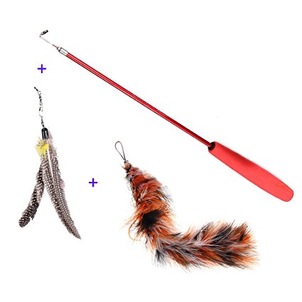 SUMCOO 39 inch Training Telescopic Wand Kitty Cat Toy,Rod Spin Feathers Wand Kitty Cats Catcher,And Fishing Pole Teaser For Kitty Cat with Guinea Feather Bird And Coon Tail Toys