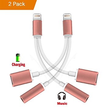 2 in 1 Lightning iPhone 7 Adapter, 2 Pack Lightning Adapter and Charger, Lightning to 3.5mm Aux Headphone Jack Audio Adapter for iphone 7 / 7 plus