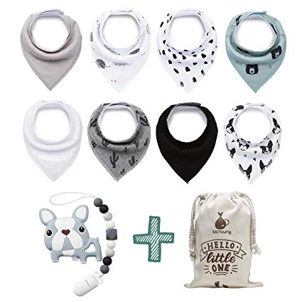 Baby Bandana Drool Bibs by MiiYoung   BPA Free Silicone Teethers with Pacifier Clip   Reusable Gift Bag, Pack of 8 Premium Quality for Boys or Girls, Excellent Baby Shower Registry Gift