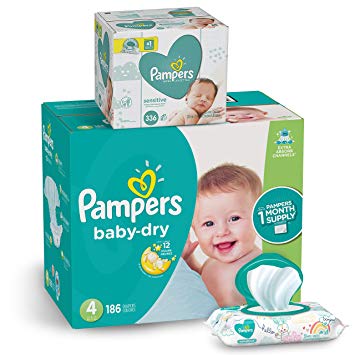 Pampers Diapers Size 4, Baby Dry Disposable Baby Diapers, 186 Count ONE MONTH SUPPLY with Baby Wipes Sensitive 6X Pop-Top Packs, 336 Count, 1 Set