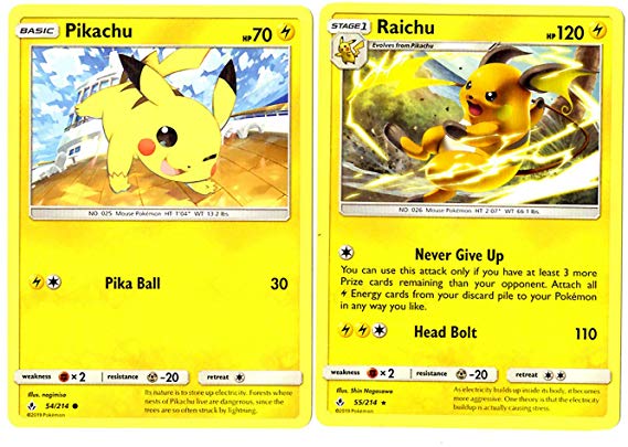 Evolution Card Set - Raichu 55/214 - Sun Moon Unbroken Bonds - Rare 2 Card Lot