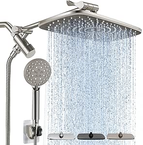 Veken 11.8 Inch Rectangle High Pressure Rain Shower Head Combo with Extension Arm- Wide Showerhead with 6 Handheld Water Spray - Adjustable Dual Showerhead with Anti-Clog Nozzles - Brushed Nickel