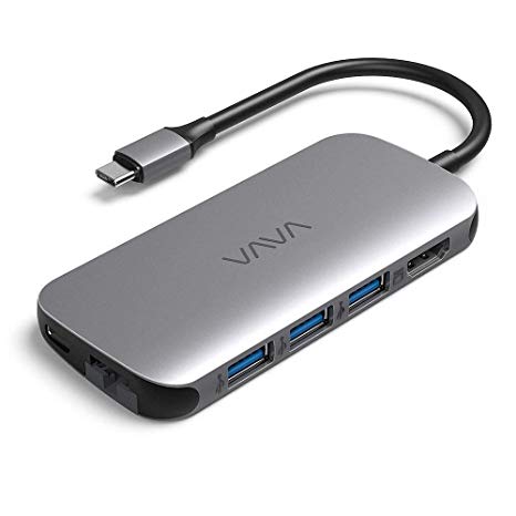 VAVA USB C Hub 8-in-1 Adapter with PD Power Delivery, 1Gbps Ethernet Port, SD Card Reader, 4K USB C to HDMI, 3 USB 3.0 Ports for MacBook Pro and Type C Windows Laptops-Space Grey