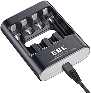 EBL AA Battery Charger with 5V 2.1A Fast Charging Function for AA AAA Rechargeable Batteries, 40Min 4 Individual Bays USB Battery