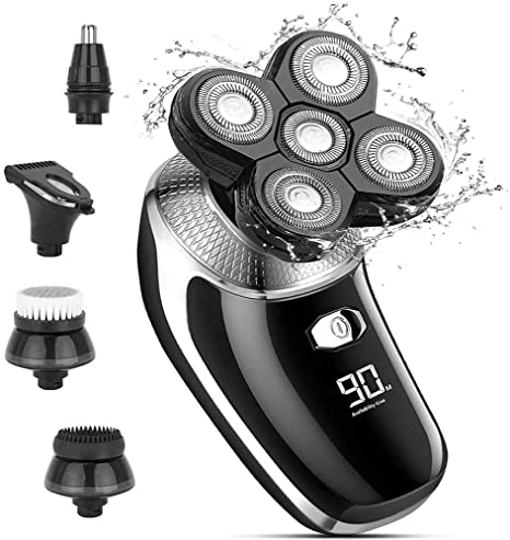 Electric Shaver for Men, 5 in 1 Head Shavers for Bald Mens Electric Rotary Razor Beard Trimmer Grooming Kit IPX7-Waterproof, Faster-Charging LED Display USB Rechargeable