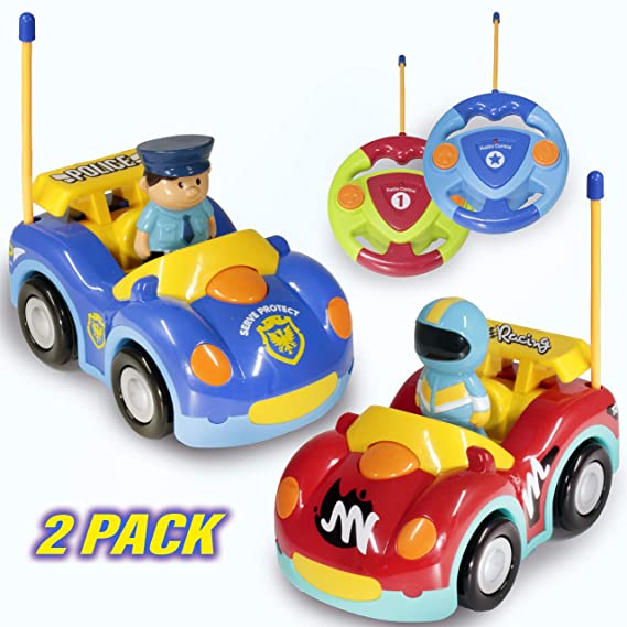Haktoys Pack of 2 Cartoon Remote Control Race Car and Police Car | Unique Beginner Radio Control Toys for Toddlers and Kids | One Frequency Per Car Allowing Two Players to Play Together