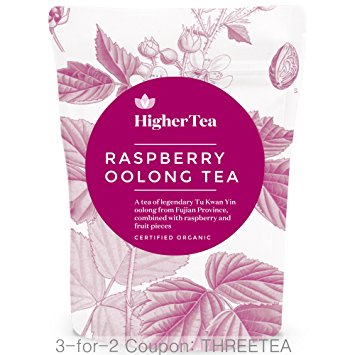 Raspberry Oolong Tea 3 oz, By Higher Tea (40 Cups) Certified Organic Premium Loose Leaf Tea