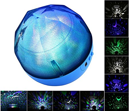 Anpress Portable Kids Night Light Projector (3 Color Changing, 360 Degree Rotation, 3 Project Films Changeable: Stars/ Ocean/ Birthday, 3 Brightness Dimmable, USB Battery Powered) (Blue)