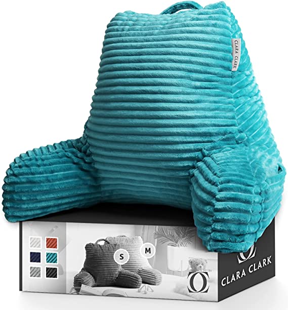 Clara Clark Cut Plush Striped Reading Pillow for Kids & Teens, Medium Back Pillow, Back Support Pillow, Shredded Memory Foam Bed Rest Pillow with Arms, Teal