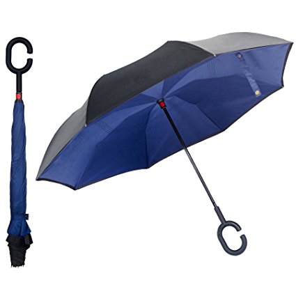 Inverted C-Handle Umbrella by Arcos - Double Layer UV Protection, No-Drip Reverse Close Reverse Open and Lightweight Phone Reversible Car Umbrella – Carrying Bag Included