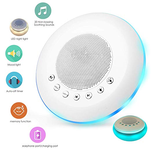 White Noise Sound Machine for Sleeping, 20 Non-Looping Soothing Sounds Lullaby Colorful Night Light Timing Baby Therapy Sound Machine, Auto-Off Timer Battery or USB Output Charger (White)