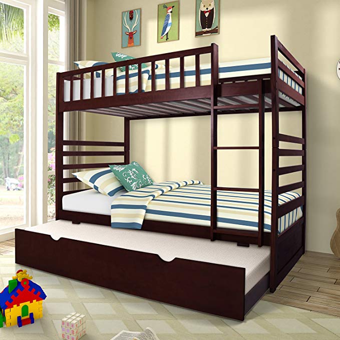 Merax Twin Over Twin Bunk Bed with Trundle Solid Wood Bunk Bed in Espresso Finish