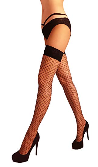 MILA MARUTTI Fishnet Thigh High Stay up Stockings Lace Top Silicone Top Nylon Hosiery