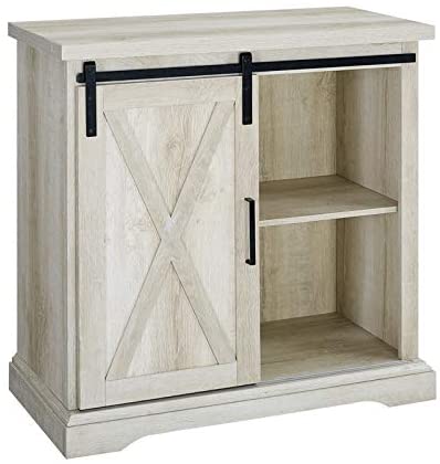 Pemberly Row 32" Farmhouse Sliding Barn Door Wood Accent Chest Home Coffee Station Buffet Storage Cabinet in White Oak