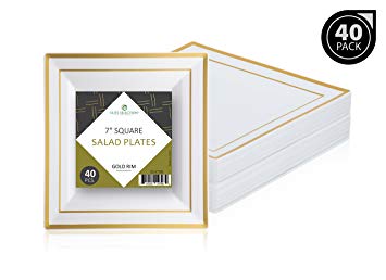 "Elite Selection" Pack Of 40 White Dinner Disposable Square Plastic Party Plates (White / Gold Rim, 7 Inch)