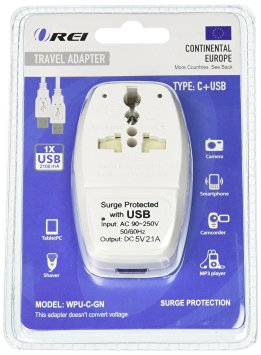 OREI 3 in 1 Continental Europe Travel Adapter Plug with USB and Surge Protection - Type C - Turkey, Italy & More