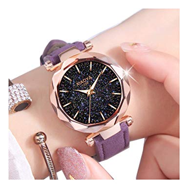 Dyshuai Women Leather Wrist Watch Easy Reader Quartz Starry Sky Watch