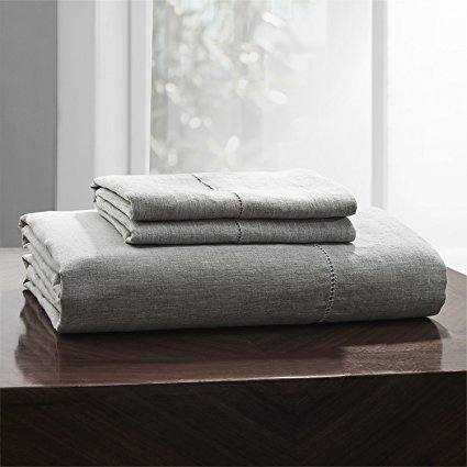 Simple&Opulence 100% Linen Sheet Set King Hand Drawing Grey (1 Flat Sheet,1 Fitted Sheet,2 Pillowcases)