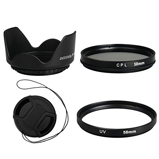 BPS 4pcs 58mm Camera Lens Filter Set: UV Lens Filter   CPL Filter   Flower Lens Hood   Lens Cap with Keep Holder for Nikon D3200 D3100 D3300 D7100 D90 D5100 D7000 D7200 D610 D800 D5300 D5200 D3000 D6