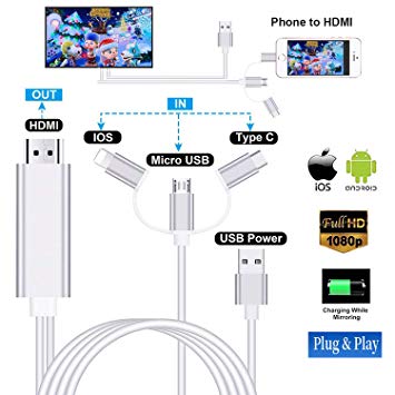 3 in 1 Compatible with iPad iPhone to HDMI Cable,Micro USB to HDMI Cable,USB C to HDMI Cable,【for IOS/Android】Phone to 1080P TV/Projector/Monitor,Compatible with iPhone,iPad,Samsung,HUAWEI Etc