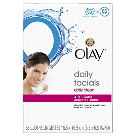 Olay Daily Facials Daily Clean Wipes, 4-in-1 Water Activated Cloths, 66 count