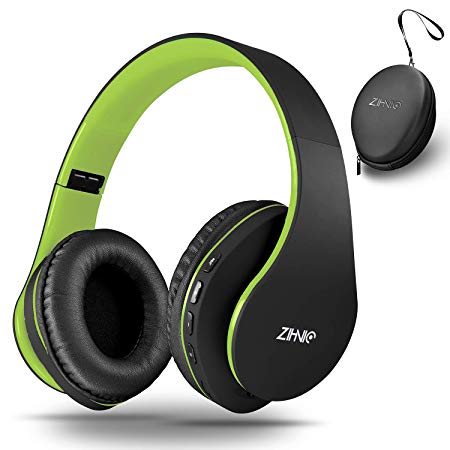 Bluetooth Headphones Over-Ear, Zihnic Foldable Wireless and Wired Stereo Headset Micro SD/TF, FM for Cell Phone,PC,Soft Earmuffs &Light Weight for Prolonged Waring(Black/Green)