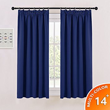 Blackout Pencil Pleat Windows Curtains - PONYDANCE Super Soft solid Thermal Insulated Top Tape Blackout Curtains for Bedroom & Nursery Room, W 46 In by L 54 Inch, Navy Blue, Set of 2