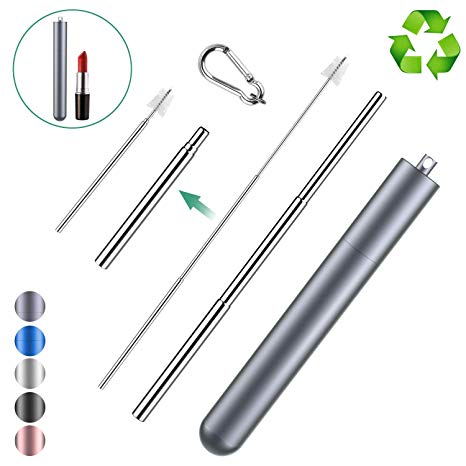 Telescopic Reusable Straws, Portable Stainless Steel Metal Drinking Straw Collapsible Reusable Straw with Case, Cleaning Brush and Keychain, BPA Free FDA Approved, Charcoal