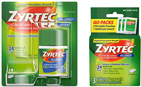 Zyrtec 24 Hour Allergy Relief Tablets, Bundle with 1 x 45ct and 1 x 3ct Travel Pack