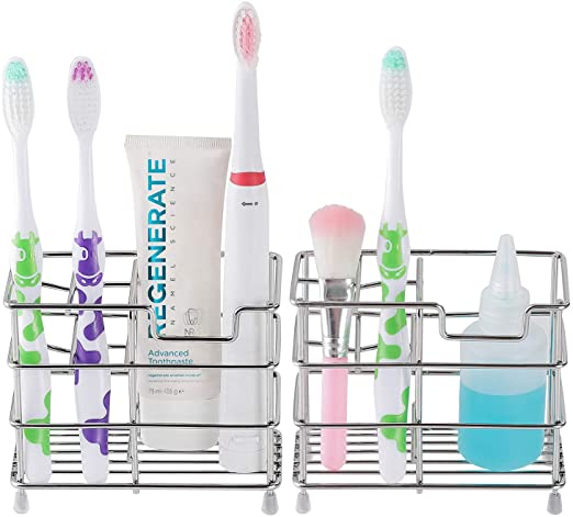 E-accexpert 2 Pack Toothbrush Holder 5 Slots Stainless Steel Toothpaste Holder Toothbrush Rack Wall Mounted Storage Organizer for Electronic Toothbrush Bathroom Vanity Countertops (2 Pack)