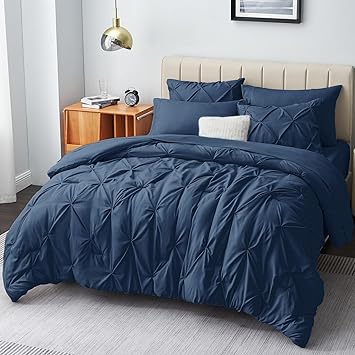 CozyLux King Size Comforter Set - 7 Pieces Comforters King Size Navy Blue, Pintuck Bed in A Bag Pinch Pleat Bedding Sets with All Season Comforter, Flat Sheet, Fitted Sheet and Pillowcases & Shams