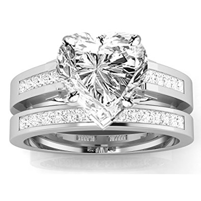 1.45 Carat t.w. 14k White Gold Channel Set Princess Cut Diamond Engagement Ring with a 1 Ct Forever Classic Heart Moissanite Center