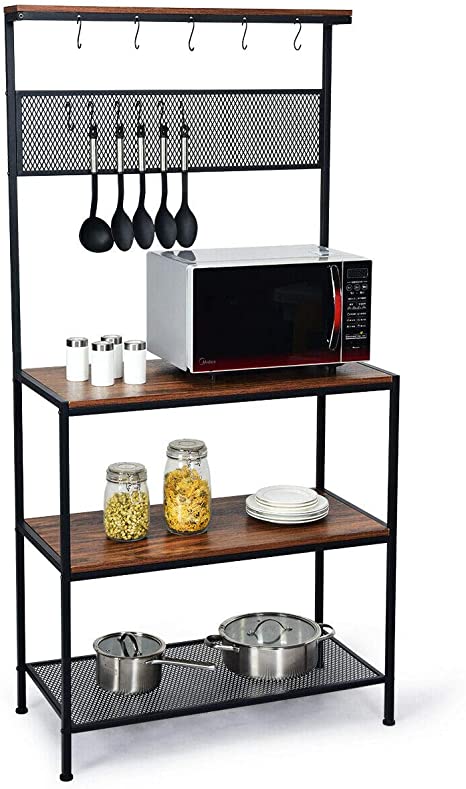 Giantex Kitchen Baker's Rack, Industrial Microwave Oven Stand, Mesh Panel with 11 Hooks, Storage Shelves for Utensils, Metal Frame, Standing Cupboard, Easy Assembly (Rustic Brown)