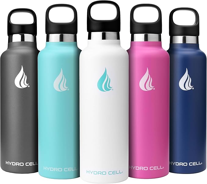 HYDRO CELL Stainless Steel Water Bottle with Straw & 2 Standard Mouth Lids (32oz 24oz 20oz 16oz) Keeps Liquids Hot or Cold w/Double Wall Vacuum Insulated Leak Proof Sport Design (White 24oz)