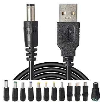 USB to DC Power Charging Cable with 12pcs DC Barrel Jack Universal Laptop Power Adapter Tips USB 2.0 to DC 5.5x2.1mm Plug Micro USB Type-C Connector Compatible Laptop Camera & More
